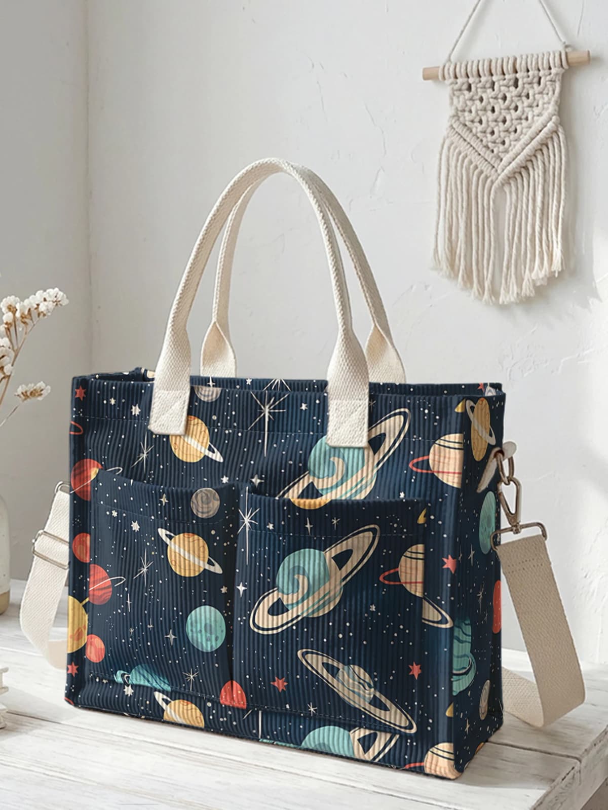 Retro Space Planets & Stars Print Corduroy Tote Bag Large Capacity Multi Pocket Commuter Shoulder Bag