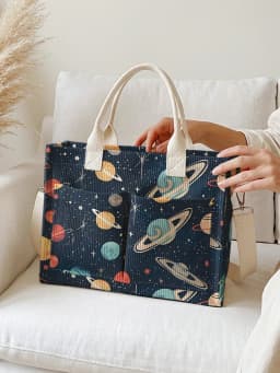 Retro Space Planets & Stars Print Corduroy Tote Bag Large Capacity Multi Pocket Commuter Shoulder Bag