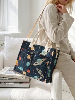 Retro Space Planets & Stars Print Corduroy Tote Bag Large Capacity Multi Pocket Commuter Shoulder Bag