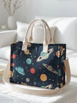 Retro Space Planets & Stars Print Corduroy Tote Bag Large Capacity Multi Pocket Commuter Shoulder Bag