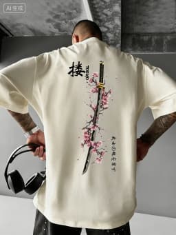 Summer Men's Japanese Samurai Sword Cherry Blossom Print T-Shirt 100% Cotton Round Neck Short Sleeve Breathable Loose Casual