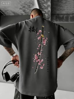 Summer Men's Japanese Samurai Sword Cherry Blossom Print T-Shirt 100% Cotton Round Neck Short Sleeve Breathable Loose Casual