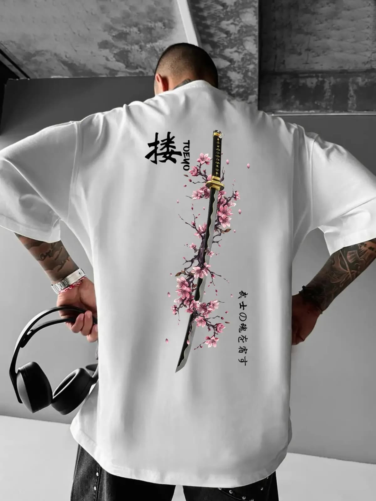 Summer Men's Japanese Samurai Sword Cherry Blossom Print T-Shirt 100% Cotton Round Neck Short Sleeve Breathable Loose Casual