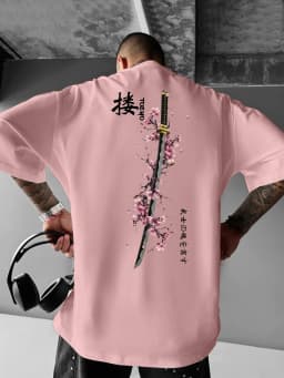Summer Men's Japanese Samurai Sword Cherry Blossom Print T-Shirt 100% Cotton Round Neck Short Sleeve Breathable Loose Casual