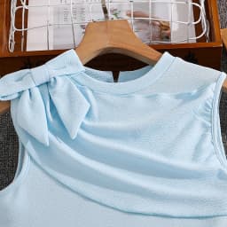 Elegant Girls Summer Sleeveless Midi Dress 8-12Y, Hot Selling Light Blue Pleated Dress with Shoulder Bow for Party Daily