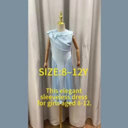 Elegant Girls Summer Sleeveless Midi Dress 8-12Y, Hot Selling Light Blue Pleated Dress with Shoulder Bow for Party Daily