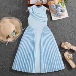 Elegant Girls Summer Sleeveless Midi Dress 8-12Y, Hot Selling Light Blue Pleated Dress with Shoulder Bow for Party Daily