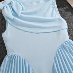 Elegant Girls Summer Sleeveless Midi Dress 8-12Y, Hot Selling Light Blue Pleated Dress with Shoulder Bow for Party Daily