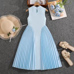 Elegant Girls Summer Sleeveless Midi Dress 8-12Y, Hot Selling Light Blue Pleated Dress with Shoulder Bow for Party Daily