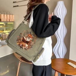Vintage Womens Messenger Bag Fox Reading Book Print Canvas Large Capacity Daily Use Travel Crossbody Bag