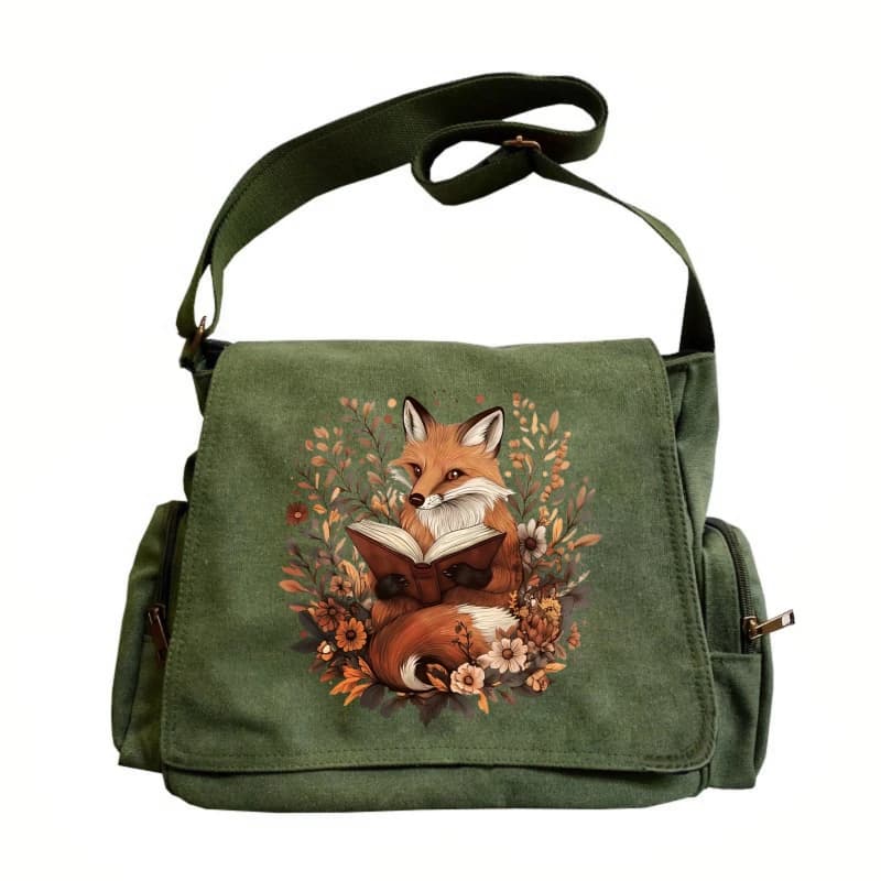 Vintage Womens Messenger Bag Fox Reading Book Print Canvas Large Capacity Daily Use Travel Crossbody Bag