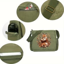 Vintage Womens Messenger Bag Fox Reading Book Print Canvas Large Capacity Daily Use Travel Crossbody Bag