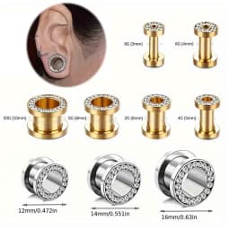 1 Pair Double Flare Stainless Steel Tunnel Specification Screw Gemstone Rhinestone Tunnel Plug Tensioner Jewelry 8G-5/8"