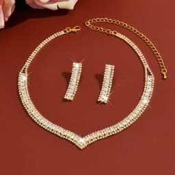 New Ultra-Shimmer Diamond V-shaped Collar Chain Fashionally Versatile Eco-friendly Bridal Necklace Earrings Set