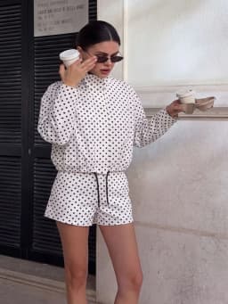 Womens Polka Dot 2 Piece Set Casual Stand Collar Long Sleeve Crop Top And High Waist Shorts Outfit Spring Fashion Streetwear