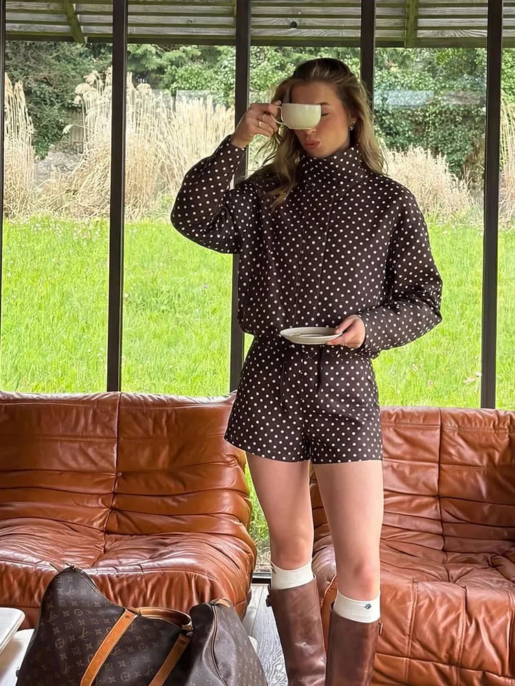 Womens Polka Dot 2 Piece Set Casual Stand Collar Long Sleeve Crop Top And High Waist Shorts Outfit Spring Fashion Streetwear