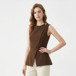 Women's Brown Sleeveless Vest Top Round Neck Asymmetric Wrap Belted Waist Blouse with Gold Decor Elegant Office Workwear
