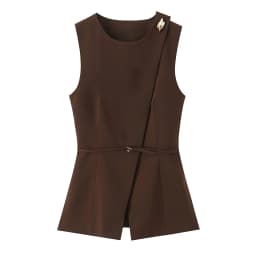 Women's Brown Sleeveless Vest Top Round Neck Asymmetric Wrap Belted Waist Blouse with Gold Decor Elegant Office Workwear
