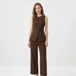 Women's Brown Sleeveless Vest Top Round Neck Asymmetric Wrap Belted Waist Blouse with Gold Decor Elegant Office Workwear