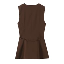 Women's Brown Sleeveless Vest Top Round Neck Asymmetric Wrap Belted Waist Blouse with Gold Decor Elegant Office Workwear