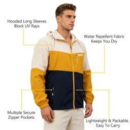 Men's UV-protective Jacket Breathable Quick-Dry Thin Coat Colorblock Windbreaker with Multiple Zipper Pockets for Outdoor Hiking