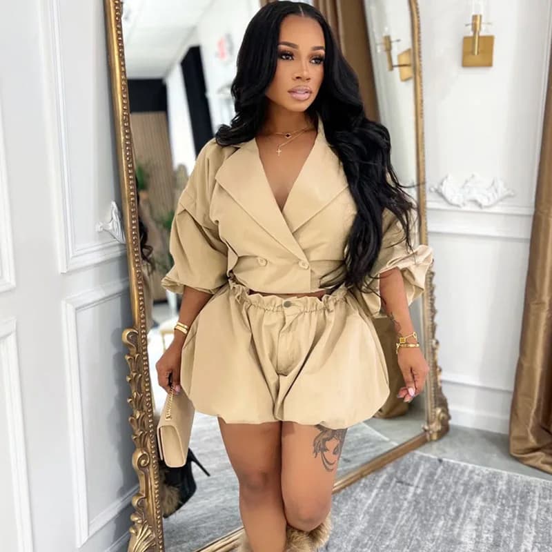 Doyerl Streetwear 2 Pieces Set for Woman Clothing Club Party Notched Collar Double-breasted Jacket Coat and Shorts Sets Ensemble
