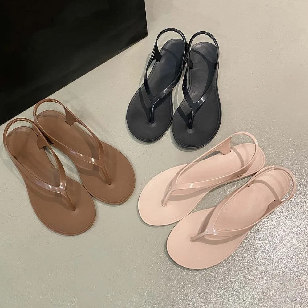 PVC Women Flat Sandals Spring Summer Solid Color Girl Flip Flop with Back Heel Strap Out Wear Korean Style Slippers Outdoor