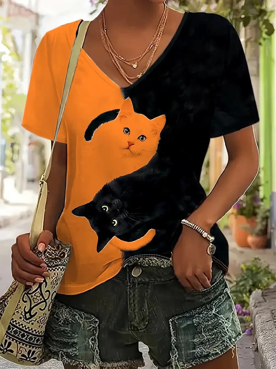 Healing Playful Cat Print Casual T Shirt V Neck Short Sleeve Tee For Women Summer Holiday Travel And Daily Outfits