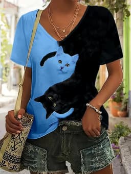 Healing Playful Cat Print Casual T Shirt V Neck Short Sleeve Tee For Women Summer Holiday Travel And Daily Outfits