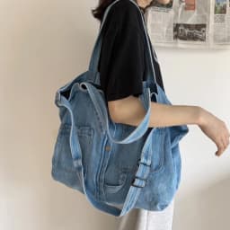 Portable Denim Cloth Casual Handbag Square Shape Blue Shoulder Bag Zipper Shopping Bag Unisex