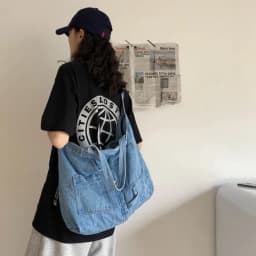 Portable Denim Cloth Casual Handbag Square Shape Blue Shoulder Bag Zipper Shopping Bag Unisex