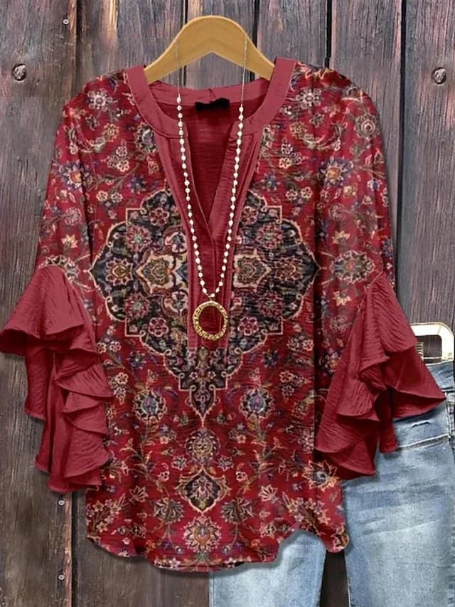 Stylish Women's Ruffle Sleeve Printed Blouse Lightweight Soft Fabric Fashion Shirt For Office And Daily