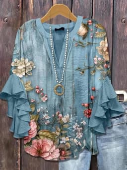 Stylish Women's Ruffle Sleeve Printed Blouse Lightweight Soft Fabric Fashion Shirt For Office And Daily