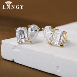 Lnngy Transparent Emerald & Pear Cut Cublic Zircon Earrings for Women Exquisite Two Stone Design Stud Earring Delicate Jewelry