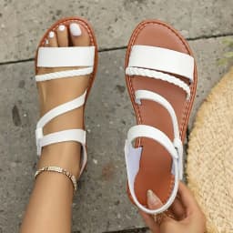 Casual Women's Braided Strap Flat Sandals Open Toe Comfort White Summer Beach Shoes Large Size