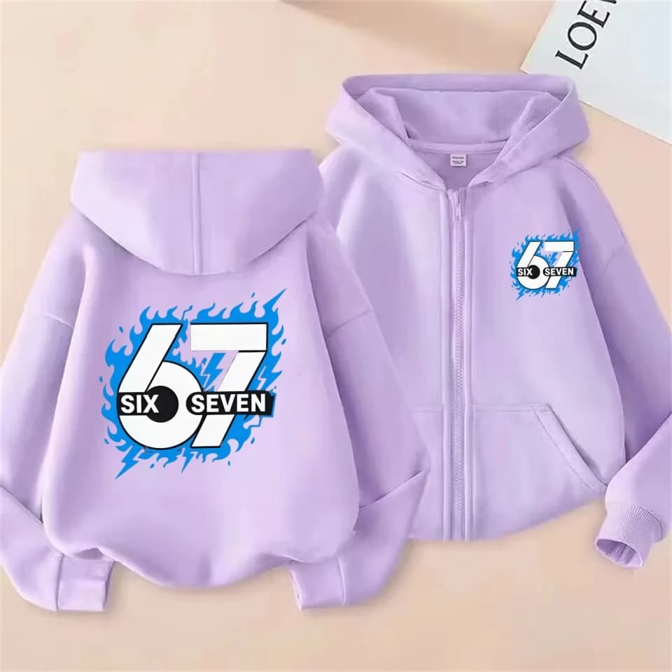 Comfortable 67 Kids Zip Hoodie Fleece Lined Sweatshirt Boys Girls Cartoon Versatile Daily Top  2026 Fashion Outerwear