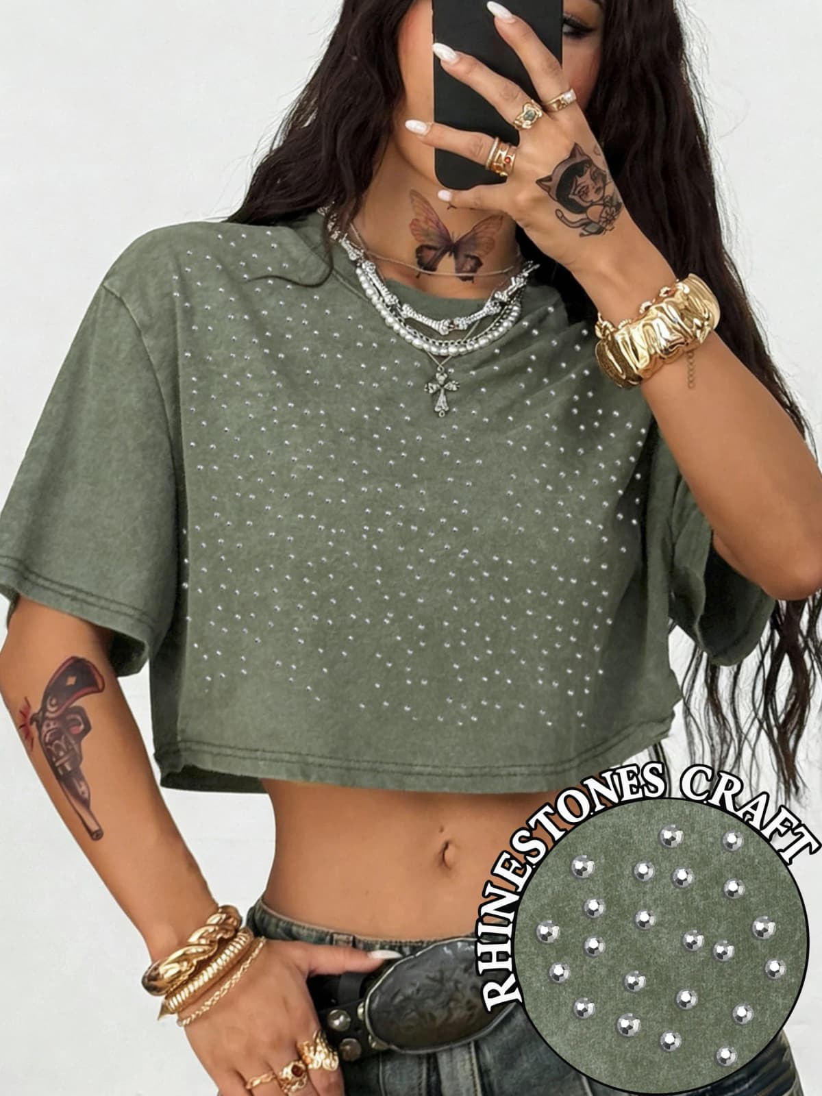 Cotton Breathable Solid Color Beach Women Washed T-Shirt Crop T Shirt Summer Rhinestone Craft Clothes Y2K Slim Short Sleeve