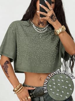 Cotton Breathable Solid Color Beach Women Washed T-Shirt Crop T Shirt Summer Rhinestone Craft Clothes Y2K Slim Short Sleeve