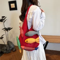 Cute Little Fish Relaxed Knitted Bag 2026 Summer New Commuter Versatile Shoulder Bag Contrasting Cut Out Tote Bag