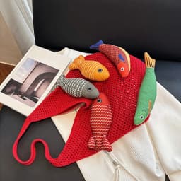 Cute Little Fish Relaxed Knitted Bag 2026 Summer New Commuter Versatile Shoulder Bag Contrasting Cut Out Tote Bag