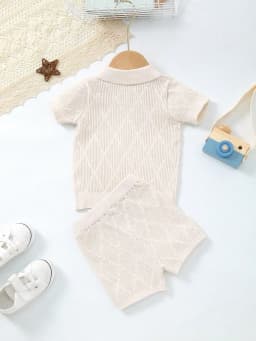 Baby Boy Spring and Summer Knitted Cool Silk Lapel Design Solid Color Diamond Pattern Short-Sleeved Top + Shorts Set