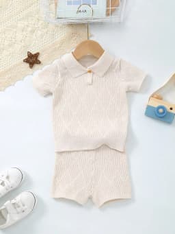 Baby Boy Spring and Summer Knitted Cool Silk Lapel Design Solid Color Diamond Pattern Short-Sleeved Top + Shorts Set