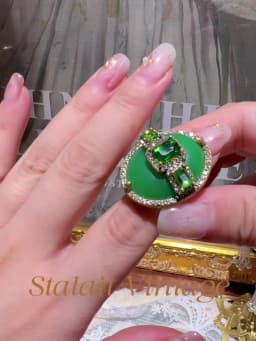 Luxury Gold Color Green Natural Stone Zircon Oval Vintage Rings Pearls for Woman Party Gift Antique Jewelry Korean Designer Open
