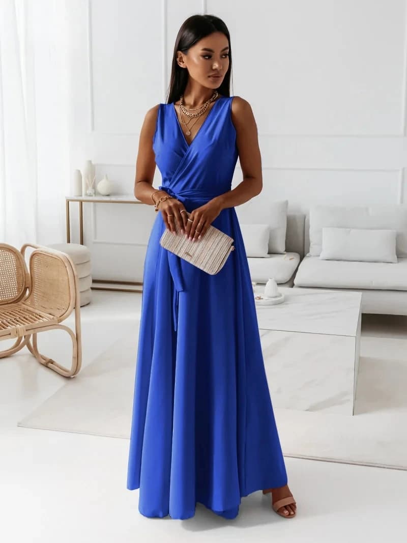 Women's Blue Maxi Dress V Neck Sleeveless Wrap Tie Waist A Line Flowy Dress For Evening Party Wedding Guest Formal Wear