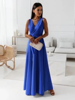 Women's Blue Maxi Dress V Neck Sleeveless Wrap Tie Waist A Line Flowy Dress For Evening Party Wedding Guest Formal Wear