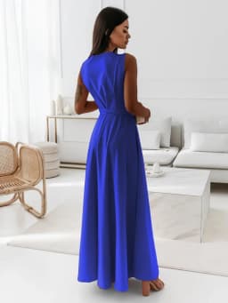 Women's Blue Maxi Dress V Neck Sleeveless Wrap Tie Waist A Line Flowy Dress For Evening Party Wedding Guest Formal Wear