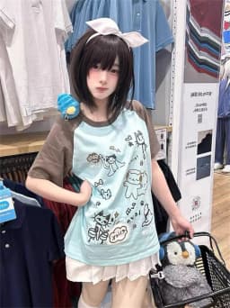 Women Japanese Cartoon Printing Tops E-girl Fairycore Contrast Color Cute Graphic T Shirt Y2k Aesthetics Grunge Casual T-shirt