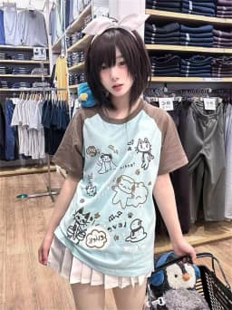 Women Japanese Cartoon Printing Tops E-girl Fairycore Contrast Color Cute Graphic T Shirt Y2k Aesthetics Grunge Casual T-shirt