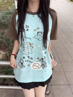 Women Japanese Cartoon Printing Tops E-girl Fairycore Contrast Color Cute Graphic T Shirt Y2k Aesthetics Grunge Casual T-shirt