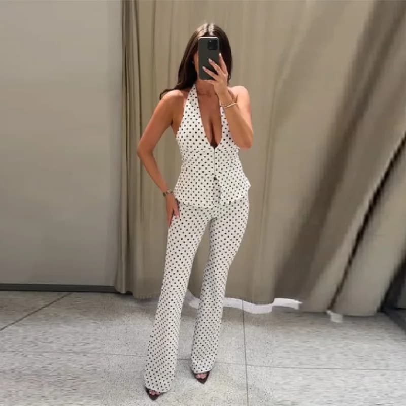Retro Modern Polka Dot Set Halter Deep V Neck Vest Top Flared Pants Women Party Timeless Chic Female Classic Stylish Outfits